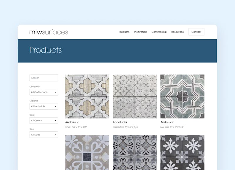 Design of product directory on MLW Surfaces website