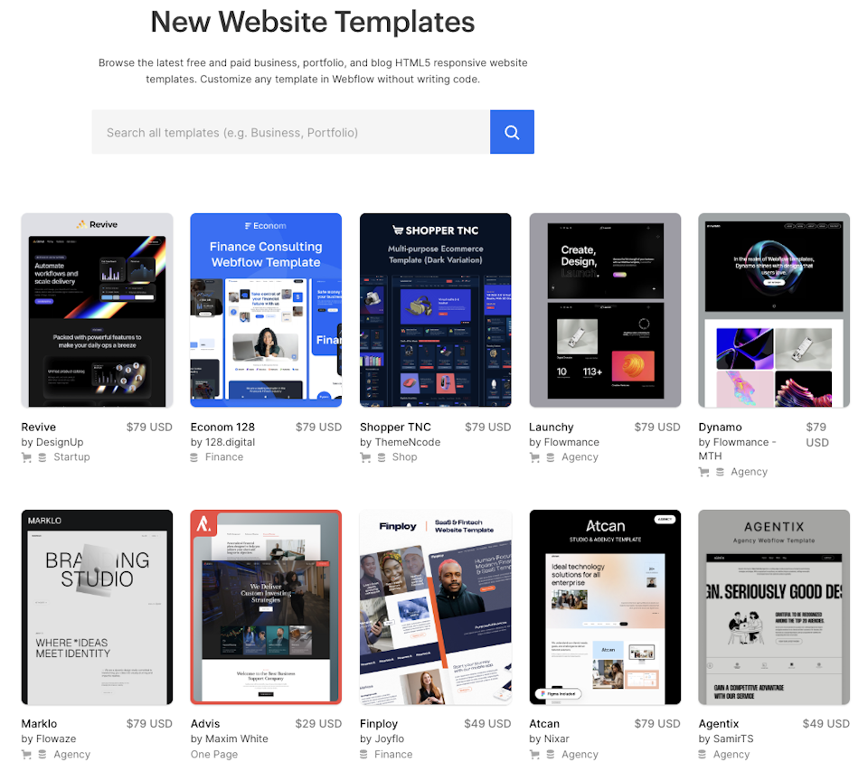 Webflow template collection on marketplace