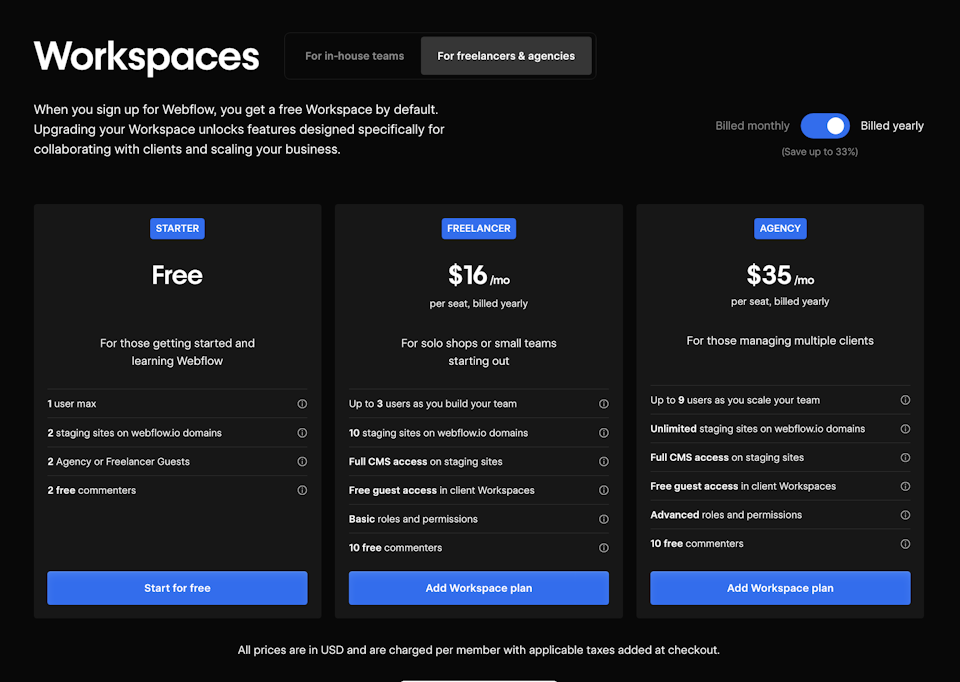 Workspace pricing in Webflow